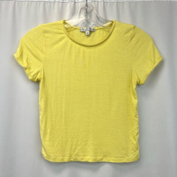Moa Moa Womens Ribbed Crop Top Yellow Short Sleeve Stretch USA Small - Picture 1 of 9
